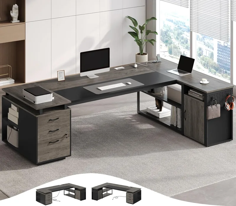 Office Furniture Filing Cabinets - โต๊ะทำงานผู้บริหารขนาด 78 นิ้ว พร้อมตู้เก็บเอกสารแบบมีกุญแจล็อค, โต๊ะทำงานรูปตัว L