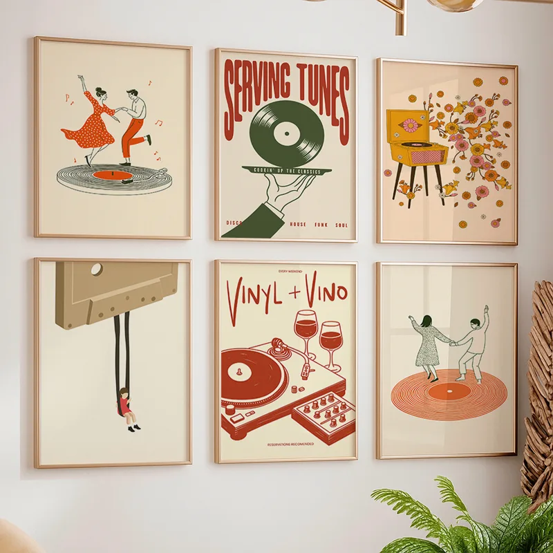 Office Furniture Home - โปสเตอร์ผ้าใบลายดนตรีวินเทจ 1 ชิ้น ไม่มีกรอบ ลายเครื่องเล่นแผ่นเสียง คาสเซ็ต