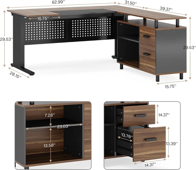 โต๊ะทำงานรูปตัว L ขนาด 63 นิ้ว - Office Furniture Filing Cabinets บทวิจารณ์และราคา